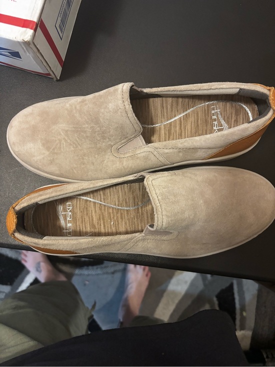 Dansko Shoes - Dansko Beige Suede Slip-On Loafers with Tan Heel Tab